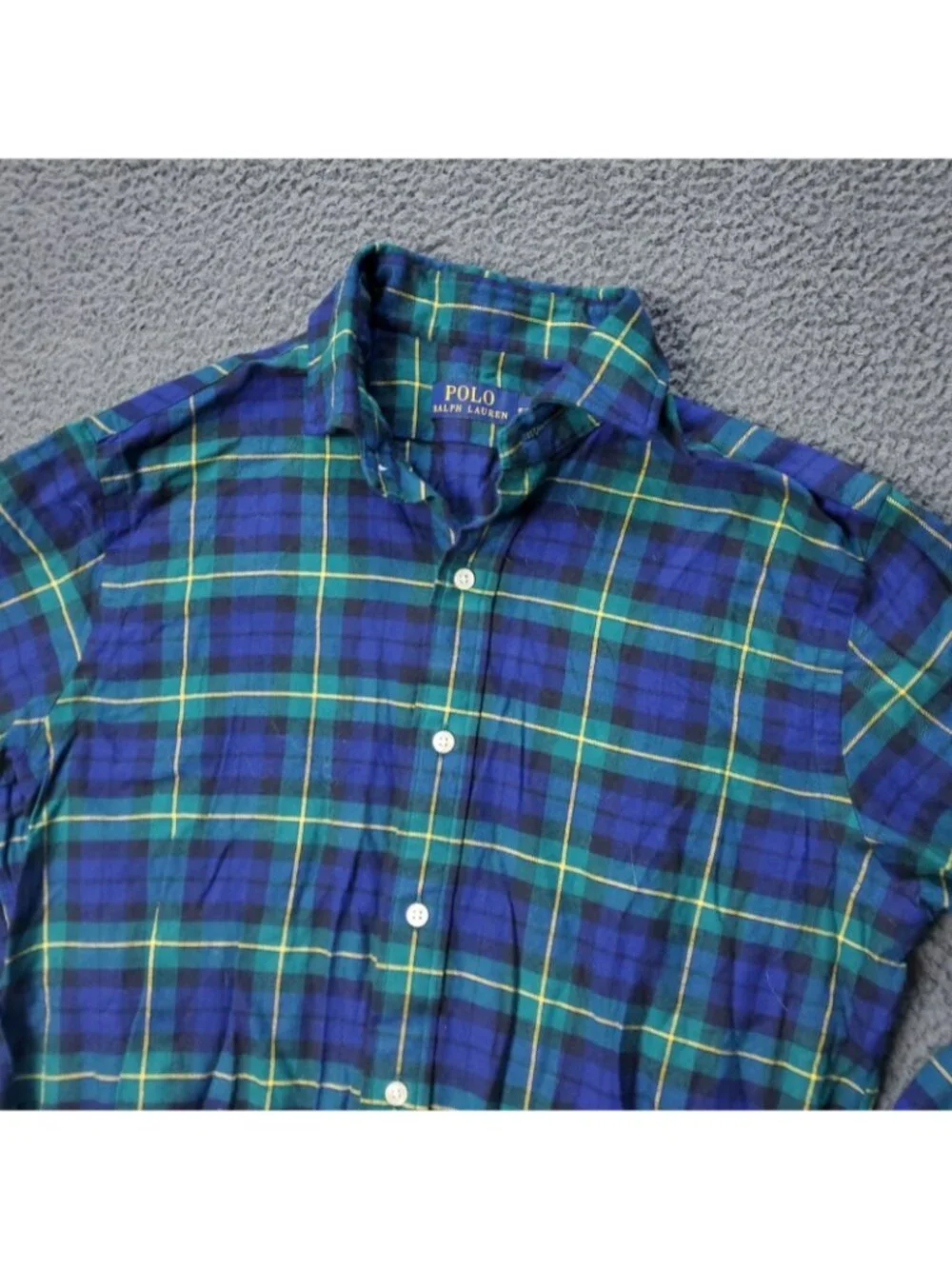 Polo Ralph Lauren Shirt Mens S Small Petite Sleep Button Plaid Blue Green Pajama
